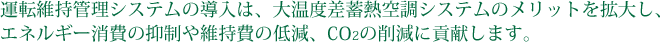 運転維持管理システムの導入は、大温度差蓄熱空調システムのメリットを拡大し、エネルギー消費の抑制や維持費の低減、CO2の削減に貢献します。